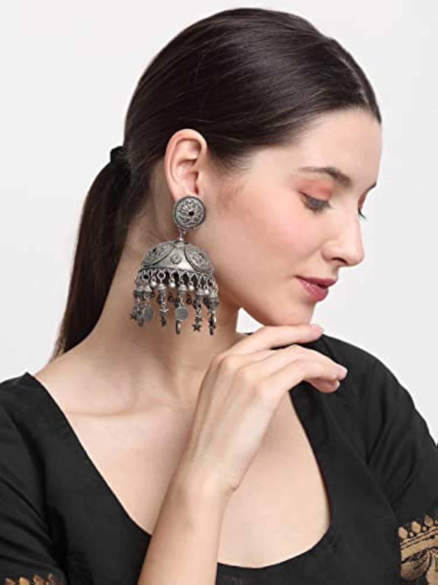Celebrity Inspired Oxidised Silver Jhumki Earrings (Style 2)