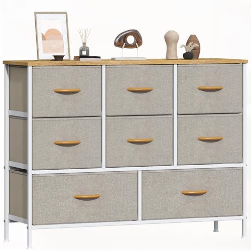 GoaHi Chest of Drawers, Fabric Dressers with Metal Frame and MDF Wooden Top Board, Adjustable Feet, Anti-Tip Safety, Storage Unit with 8 Drawers for Bedroom, Living Room, Closet, Beige