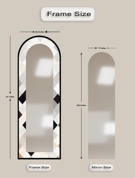 23,5’’W x 67’’H Ivory Diamond Glow - Mosaic Floor Mirror Arched Full Lenght Mirror - Arch Full Body Stained Floor Mirror with Black Frame with Black Frame