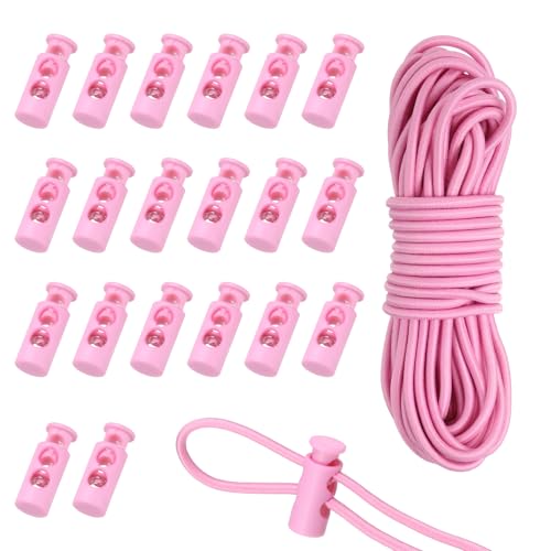 uxcell 20 Pcs Double-Hole Spring Cord Locks & 16ft Elastic Cord Pink