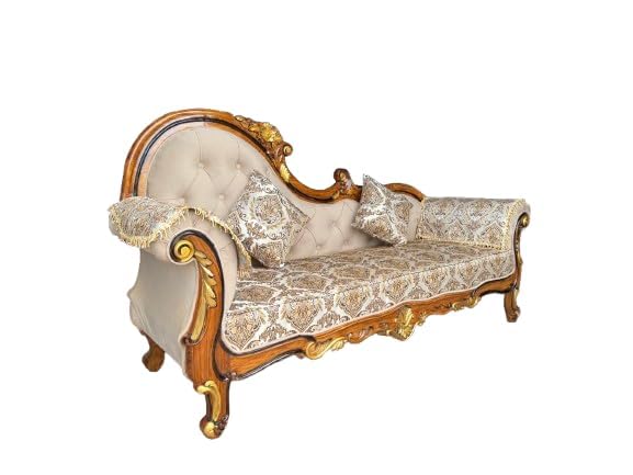 Image of Victorian Style Chaise Lounge, Tufted Cream Upholstery, Mahogany Wood Frame, Classic Living Room Furniture (diwan 3 Set)