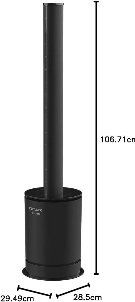 Diagram showing the dimensions of the Cecotec TotalPure Connected Max: 106.71 cm height, 29.49 cm depth, and 28.5 cm width.