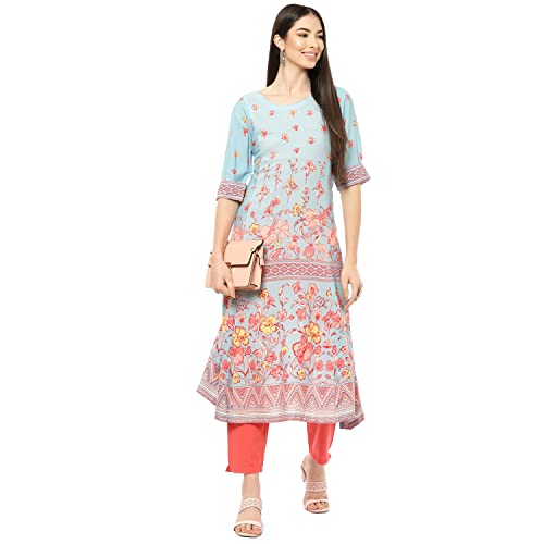 Image of Rangriti Blue Viscose Rayon A Line Dress for Women