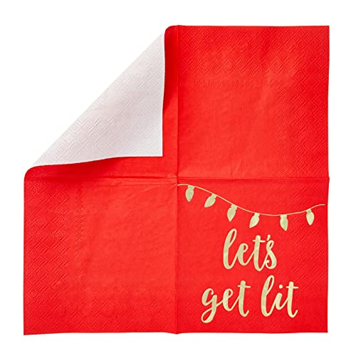 50 Pack Paper Christmas Cocktail Napkins For Holiday Party Supplies, Gold Foil Lets Get Lit (Red, 5 X 5 In) #TOP3