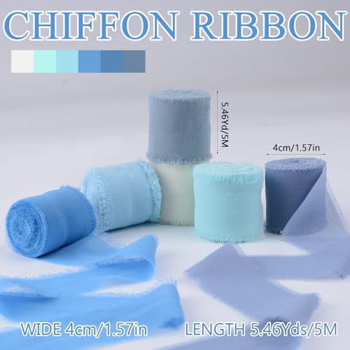 URROMA Chiffonbänder, 6 Rollen, Blaue Serie, Seidenband, gemischte Farben, Fransen mit ausgefransten Kanten, Stoff für Hochzeitseinladungen, Brautstrauß, Bastelarbeiten