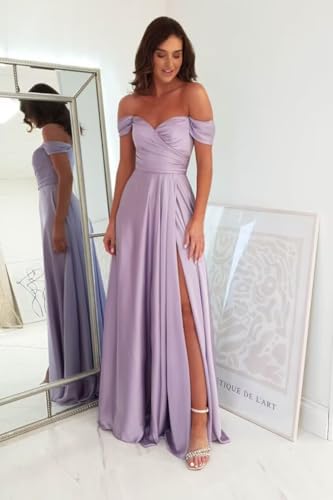 PEIYJYUSP Off Shoulder Satin Bridesmaid Dresses for Women Corset Prom Dress Long Ruched A Line Formal Gown with Slit3