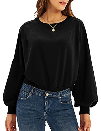 Women s Crewneck Crop Top Sweatshirt Drop Shoulder Pullover Long Lantern Sleeve Sweater with Ribbed Hem Black XL