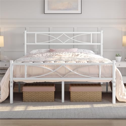 Yaheetech Cadre de Lit 140x200 cm avec Sommier, Lits en Métal Double pour Adultes 2 Personnes Deux Places, Sommier à Lattes et Tête de Lits, 32cm Espace de...