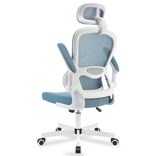 Bliswood High Back Office Chair With Headrest, Executive Mesh Chair With 90° Flip-up Arm Swivel Computer Chair, Adjustable Height 360° Rotation Gaming Chair For Home Office (Light Blue)
