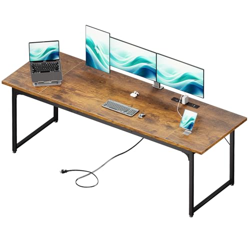 Image of Coleshome 79 Inch Large Computer Desk with Power Outlet, Extra Long Desk for Home Office & Gaming, Spacious Writing Table for Study and Crafting, Rustic Brown