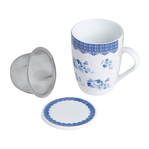 Conjunto Caneca com Tampa e Filtro de Porcelana Grécia 310Ml com Caixa de Presente Lyor Azul/ Branco