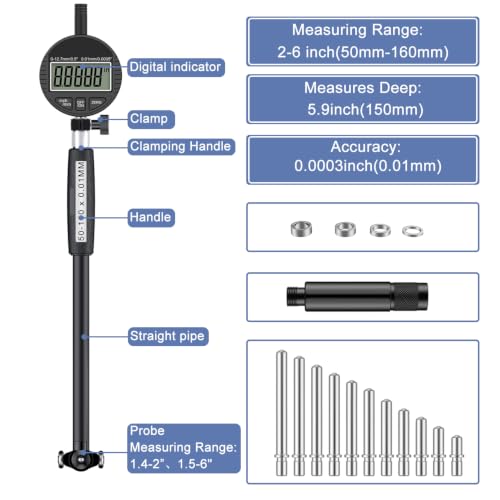 Image of HDLNKAK Digital Dial Indicator Bore Gauges Set (2 inch-6 inch /0.0005 inch)- Black | Cylinder Bore Gauge with Carbide Anvils, Self-Centering, LCD Digital Display for Engines Cylinder Measurement or Machinists