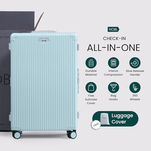 Image of Nobl Travel Zipperless Check In Suitcase - Aluminum Frame, Check In luggage 30.25x20x12 Airline Approved by Noble Travel- Unbreakable Polycarbonate Shell- TSA Locks, 360 Spinner Wheels Powder Blue
