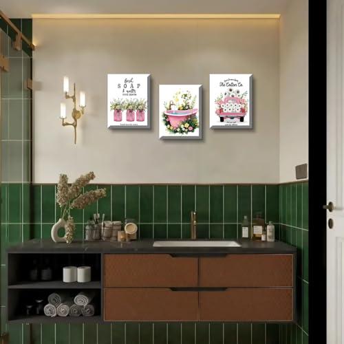 Pink Bathroom Wall Art Canvas Prints,Boho Framed Art Posters Hallway Restroom Wall Decor Floral Botanical Aesthetic Decoration Set of 3 (8"x10") by QPOKLAF - Image 6