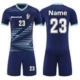 HDSD Personalisiertes Trikot Kinder Erwachsene Fussball Trikots & Shorts mit GRATIS Name + Nummer Team Logo Fußballtrikot (Saphirblau)