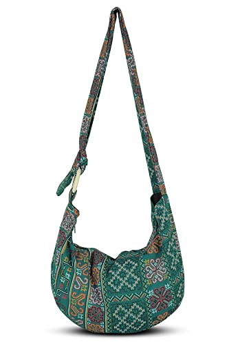 Image of Hobo Crossbody Bag for Women - Handmade Cotton Boho Purse with Wooden Ring | Lightweight Slouchy Shoulder Sling Tote Bag