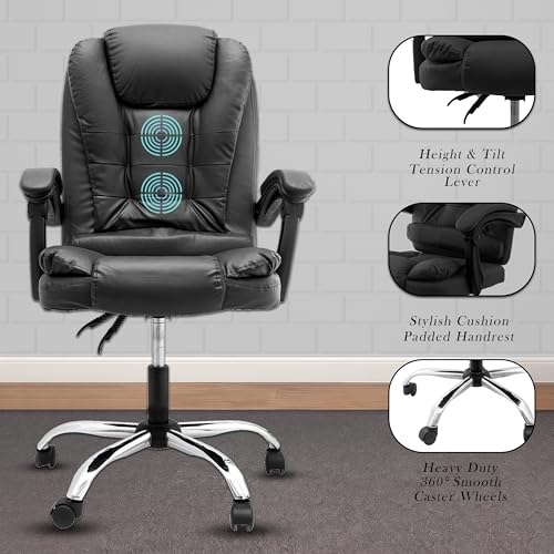 Image of NORMAN JR Italia Premium Leatherette Office Chair for Work | Boss Chair, Ergonomic Executive, Luxurious Cushioned Arms & Seat, 2 Point Back Massager, Heavy Duty Metal Base (Black)