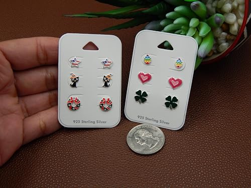 925 Sterling Silver NEW Set of 6 Pairs Holiday Set Christmas,Easter egg, Clover, American Flag, Red Heart, & Halloween Stud Earrings (Nickel Free)2