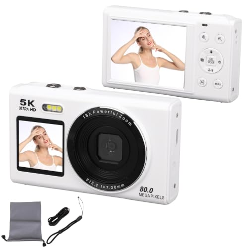 BuyWeek Digitalkamera 5K 80MP Fotokamera mit WLAN, 18X Digitalzoom Autofokus HD Vlogging Kamera mit 2,8 Zoll und 1,5 Zoll Dual Bildschirm, Integrierter Blitz, mit 64 GB Speicherkarte (Weiß)