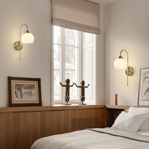 Image of KCO Lighting 1-Lighting Milk Ribbed Glass Wall Sconce Indoor Gold and White Wall Sconce Minimalist Slim Long Sconces Brass Hallway Wall Light Fixtures Globe Vanity Lights for Bathroom Bedroom