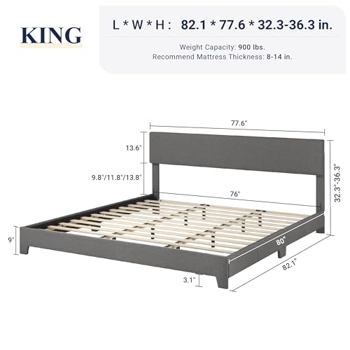 image for Allewie King Size Bed Frame with Adjustable Headboard, Upholstered Pla