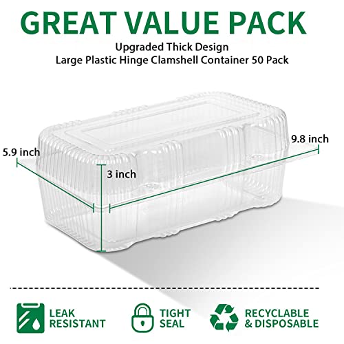 Kaderron Disposable Plastic Hinged Food Container - 50 Pcs Upgrade And Thicken Clear Hinged Containers, 9.8" Length X 5.9" Width X 3" Depth #TOP3