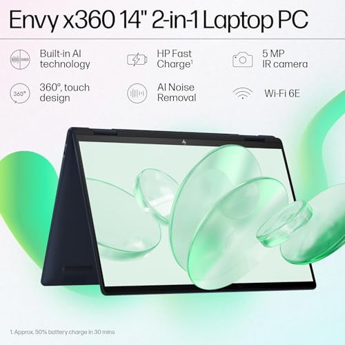 Image of HP Envy x360 AI Laptop, Intel Core Ultra 5 125U, 12 TOPS, 16GB LPDDR5, 512GB SSD, (Win11, Office24, Blue, 1.44 kg) Touchscreen, 3K, OLED, 14-inch (35.6cm), Integrated graphics, 5MP IR camera, fc0178TU