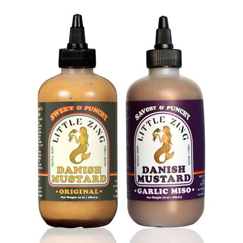 Image of Little Zing Danish Mustard Combo Pack, Original Sweet & Punchy + Garlic Miso Umami, 2 x 10 oz Squeeze Bottles, Drizzle-Ready, No Preservatives, Vegan & Gluten Free Set