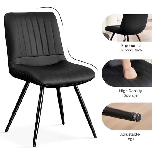 Image of Modern Dining Chairs Set of 2, Dining Chairs with Thick Cushions, PU Leather Upholstered Kitchen Dining Room Chairs with Metal Legs for Dining Living Room (Black)