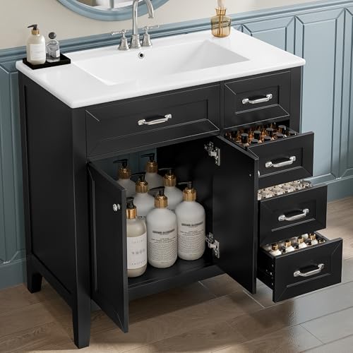 Image of Favfurish 36 inch Bathroom Vanity with Ceramic Sink,Undermount Single Basin Bath Vanity Set w /2 Soft-Close Doors and 3 Drawers,Modern Freestanding Storage Cabinet,Solid Wood Frame,Black