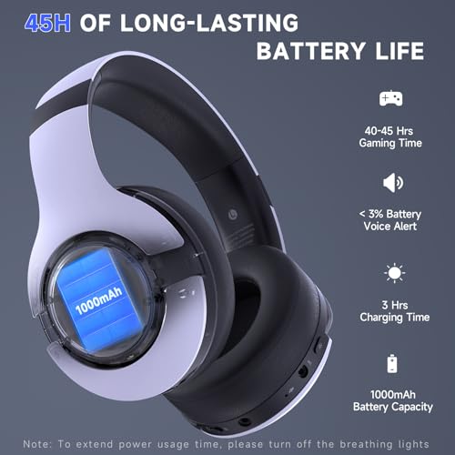 Wireless Gaming Headset for PS5, PS4, Elden Ring, PC, Mac, Switch, Bluetooth 5.3 Gaming Headphones with Noise Canceling Microphone, 45H Battery, RGB Light, White - Image 5