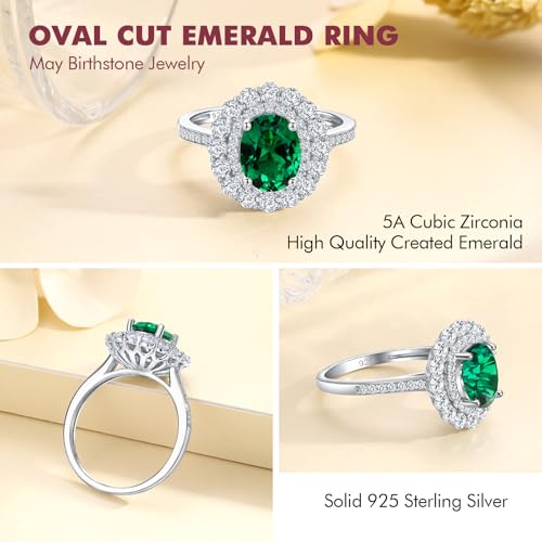 DAYBYDAY Oval Birthstone Rings for Women, 925 Sterling Silve Ruby/Sapphire/Emerald Double Halo Engagement Wedding Ring, 3ct-4ct Big Cockatil Rings4