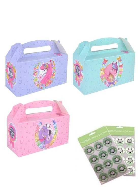 MustBeBonkers LARGE PARTY BOXES - PACK OF 12 - Children/Kids Party Food Boxes Picnic Carry Meal Box Birthday Party Box With Sticker Seals (Perfect Pony)