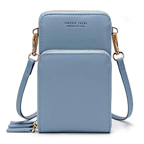 Pochette Portefeuille Femme en PU Cuir Sac Téléphone Portable Femme, Élégant Sac Bandoulière Femme Porte Monnaie Femmes Trois Couches de Grande Capacité (Bleu Clair) Cover