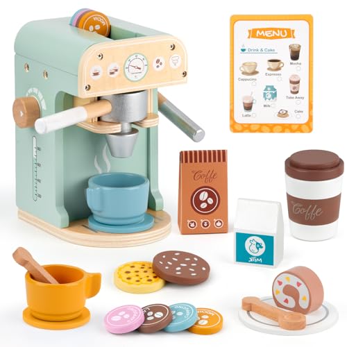 Toy Coffee Maker for Kids, Madrechan Wooden Coffee Play Set, Wooden Play Kitchen Accessories, Wooden Toy for Toddler