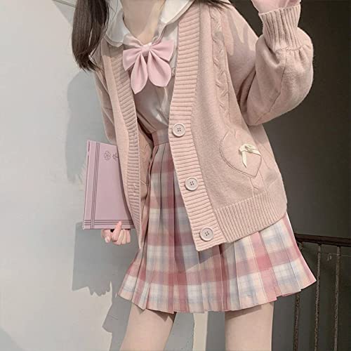 Lumber Star Kawaii Japanese Pink Cardigan Women's Short Knitted Sweater Cute Bow Heart Korean Jk School Uniform Jacket, Beige, X-Large #TOP1