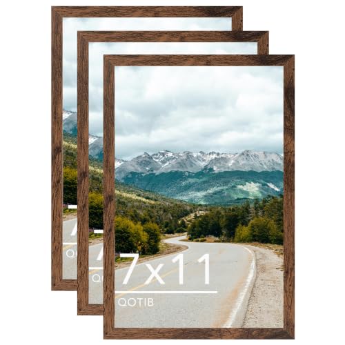 QOTIB 7x11 Picture Frame Deep Brown for Wall Hanging or Tabletop, Wood 7 x 11 Frame Photo Frame for Wall Horizontally or Vertically, Deep Brown, 3 Pack