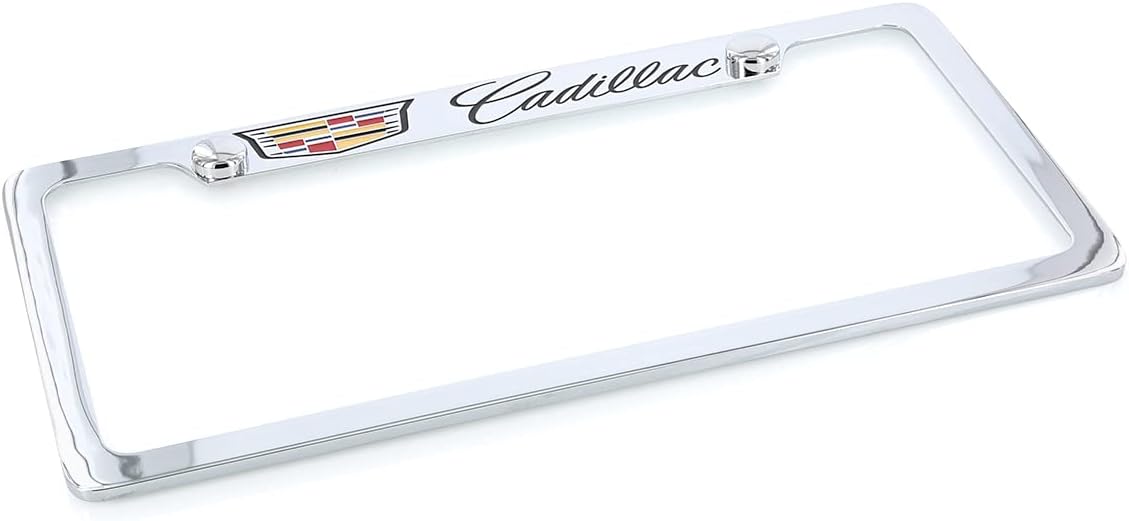 Cadillac with Crest Metal License Plate Frame Tag Holder - Chrome Plated