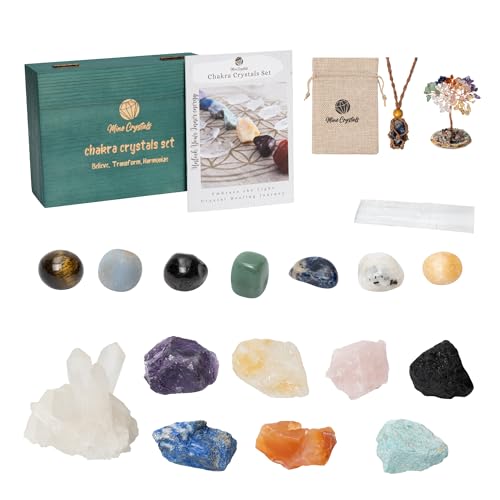 Crystals and Healing Stones Chakra Set Authentic Natural Raw Crystals Gemstones Kit Spiritual Gift - Quartz Colony Selenite Wand Rose Quartz Reiki Yoga Meditation