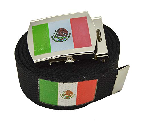 BodyJewelryOnline Mexico Flag Canvas Military Black Web Belt & Buckle 60 Inch