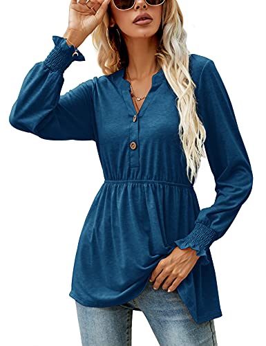 Womens Sexy Long Sleeve Blouses V Neck Peplum Tops Button Up Shirts Elastic Waist Tunic Tops(Blue, XL)