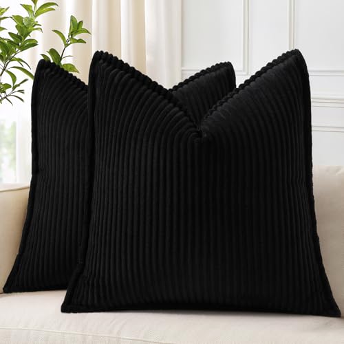 decorUhome Corduroy Black Throw Pillow Covers 16x16 Set of 2 Decorative Soft Boho Striped Neutral Euro Farmhouse Couch Pillow Cases with Broadside for Living Room Bed Sofa