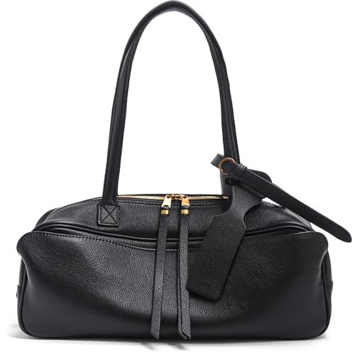Top Grain Leather Bowler Shoulder Bag for Women, Soft East West Handbag with Zipper, Minimalist Black Everyday Purse