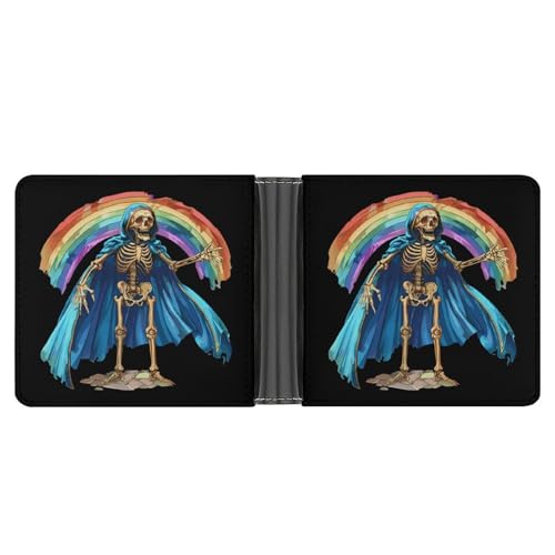 Skeleton Cape Rainbow Funny Men's Slim Bifold Wallet with Multiple Card Slots Front Pocket Purse