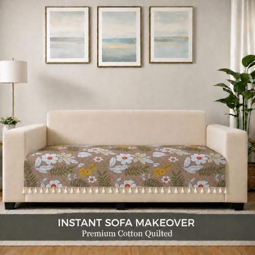 Image of STITCHNEST 'Frostvine Collection' 1 Seater Sofa Cover| Cotton Quilted Fabric, Decorative Tassels, Washable & Durable for Modern Living