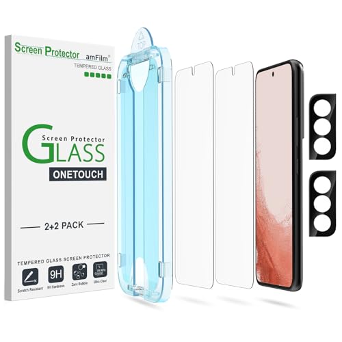 amFilm 2 Pack OneTouch Tempered Glass Screen Protector for Samsung Galaxy S22 Plus 5G 6.6 Inch 9H Hardness with 2 Pack Tempered Glass Camera Lens Protector and Easy Installation Kit