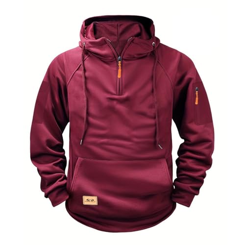 FOCLMP Wine Tactical Hoodie for Men Military Work Cargo Hooded Sweatshirts Fleece Quarter Zip Loose Workout Hoodie Fashion Jacket Comfy Hoodie Men XL