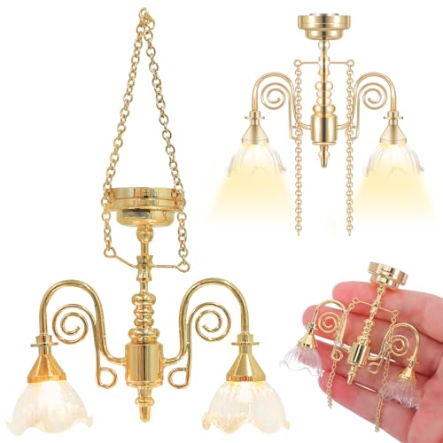 Ipetboom Miniature Dollhouse Chandelier Light - Gold Double-Head Floral Pendant