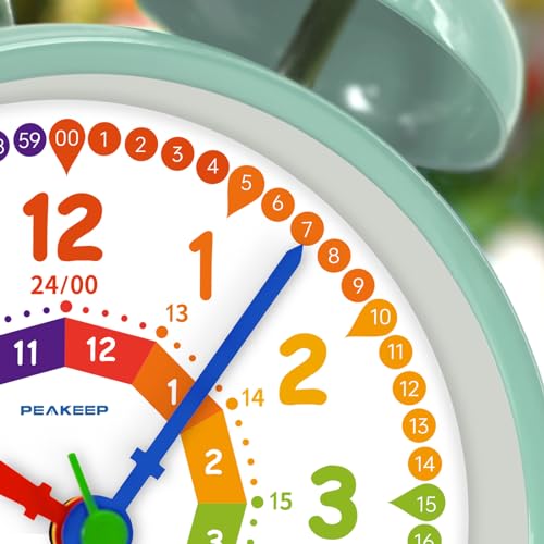 Image of Peakeep Learning Clock for Kids Time Teaching, Loud Alarm to Wake Up | 4.5 inch Twin Bell Alarm Clock Battery Operated for Teenagers Kids, Kids' Room (Aqua)