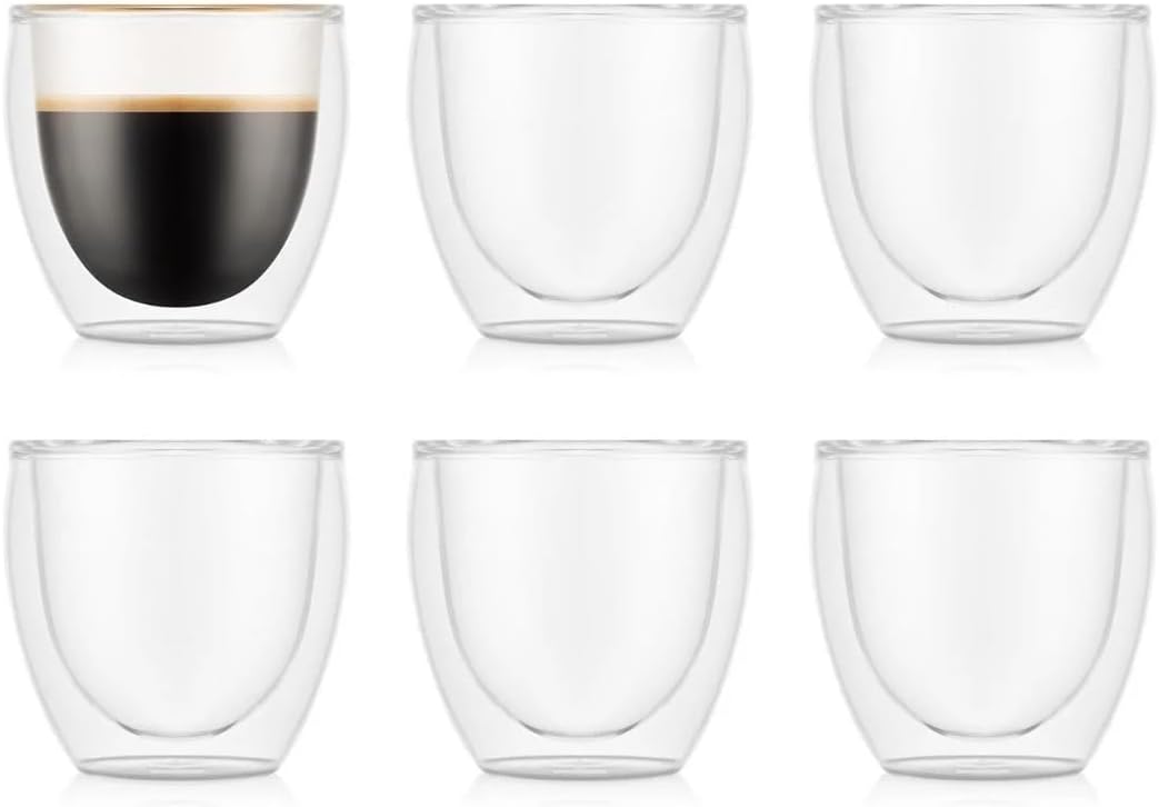 Bodum Double Walled Glasses pack of 6 PAVINA - 80ml Espresso Cups - Dishwasher Safe Thermal Cup - Mouth-blown Borosilicate Glass